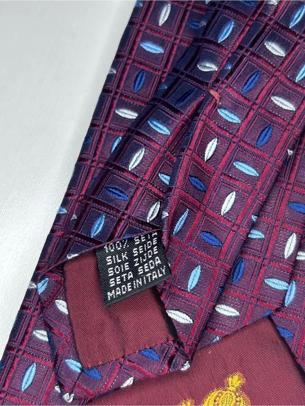 Equestrian Firenze 100% Silk Tie Made in Italy Burgundy Blue Geometric